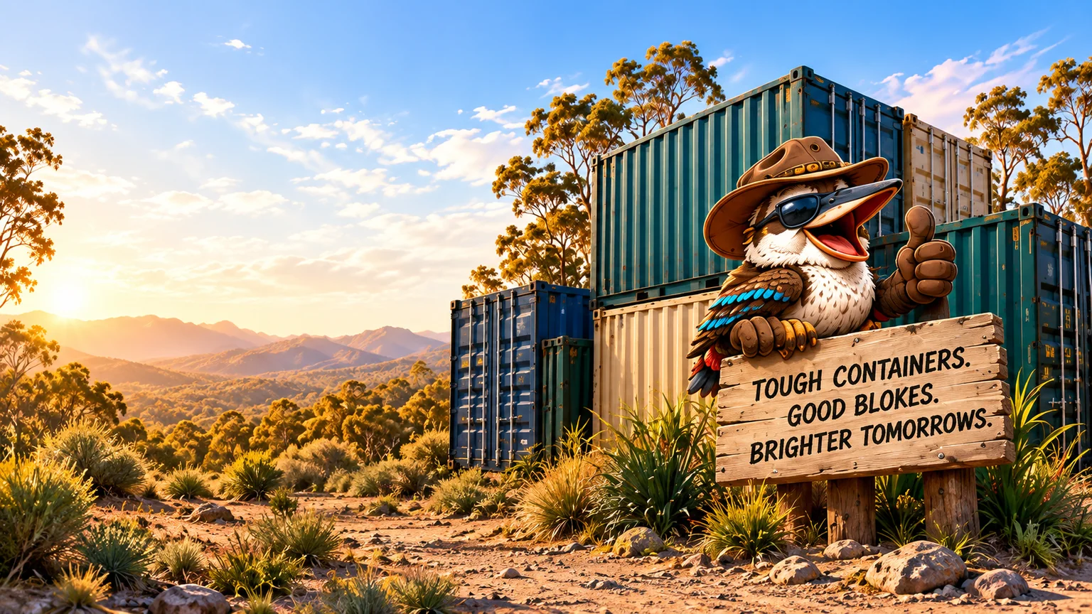 Illustrated Australian landscape with shipping containers and our hat-wearing kookaburra mascot
